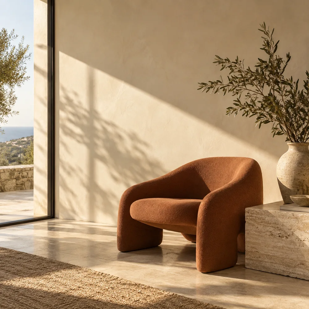 Warm sculptural interior with a terracotta lounge chair and sunlit walls