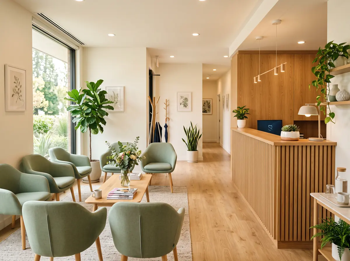 Warm, modern clinic reception area with plants