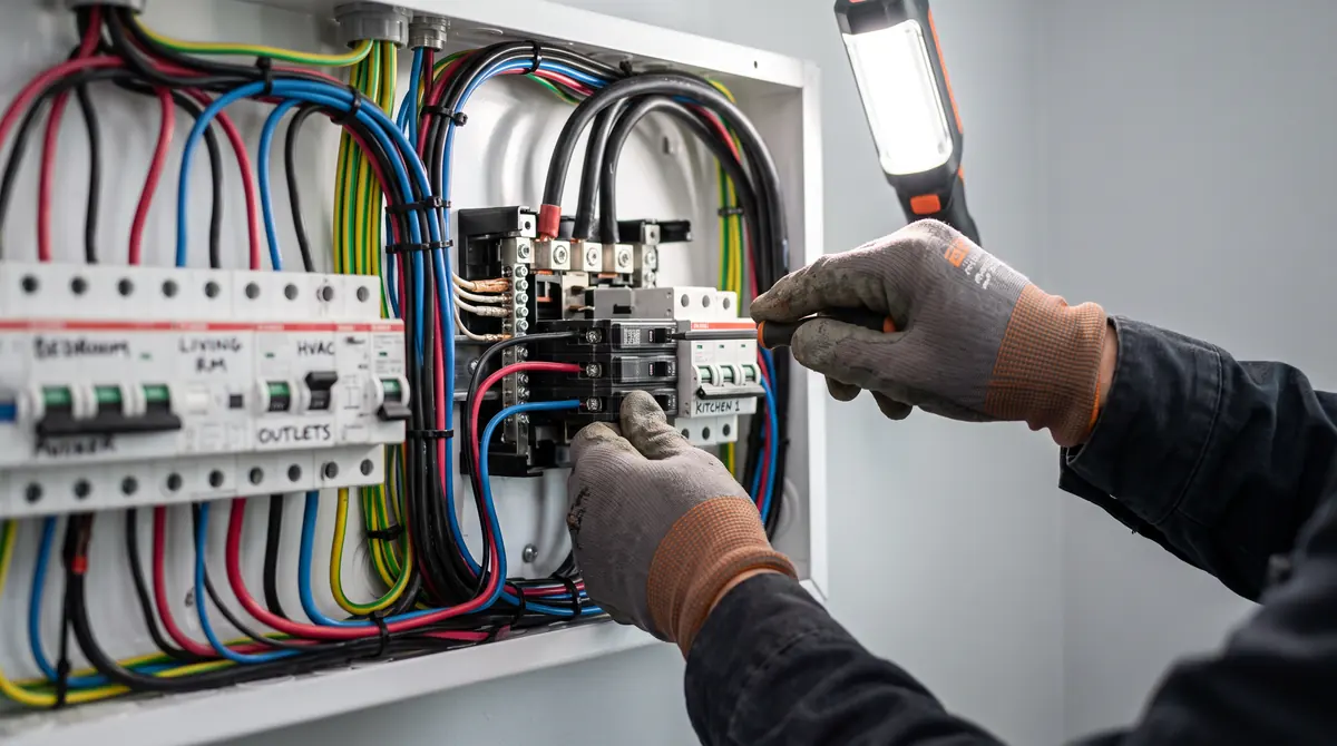 Electrician's hands working in a neatly wired residential panel
