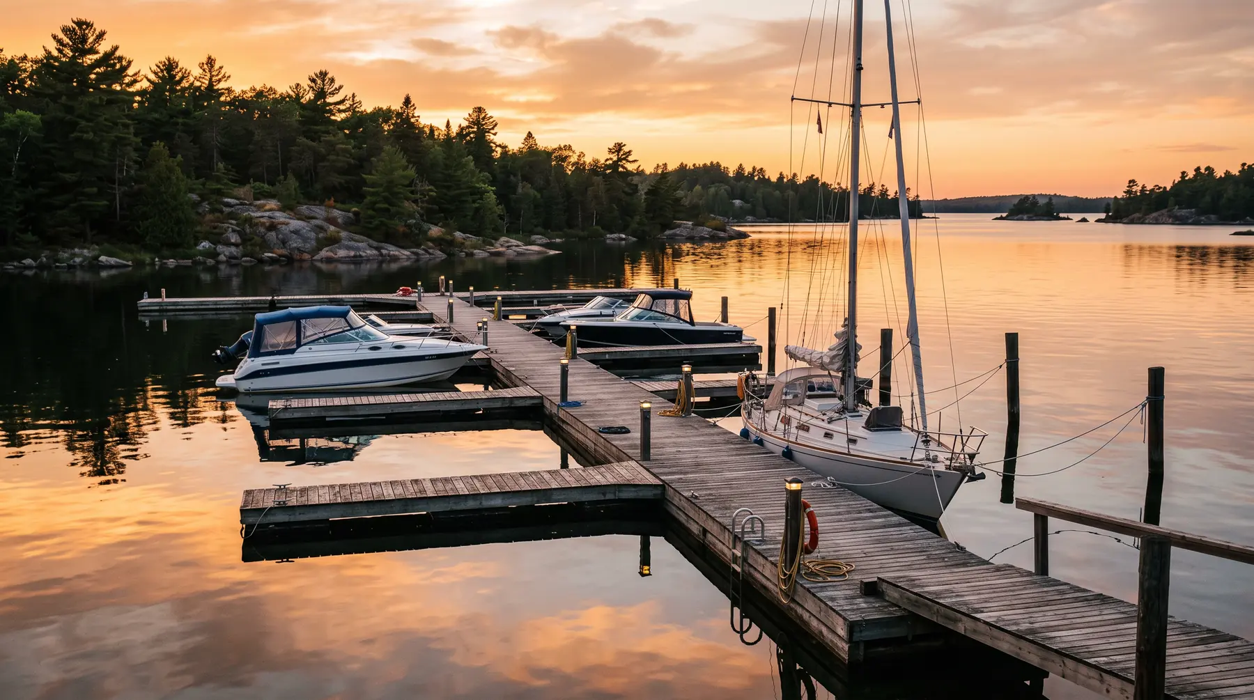 Marina docks on Georgian Bay at golden hour