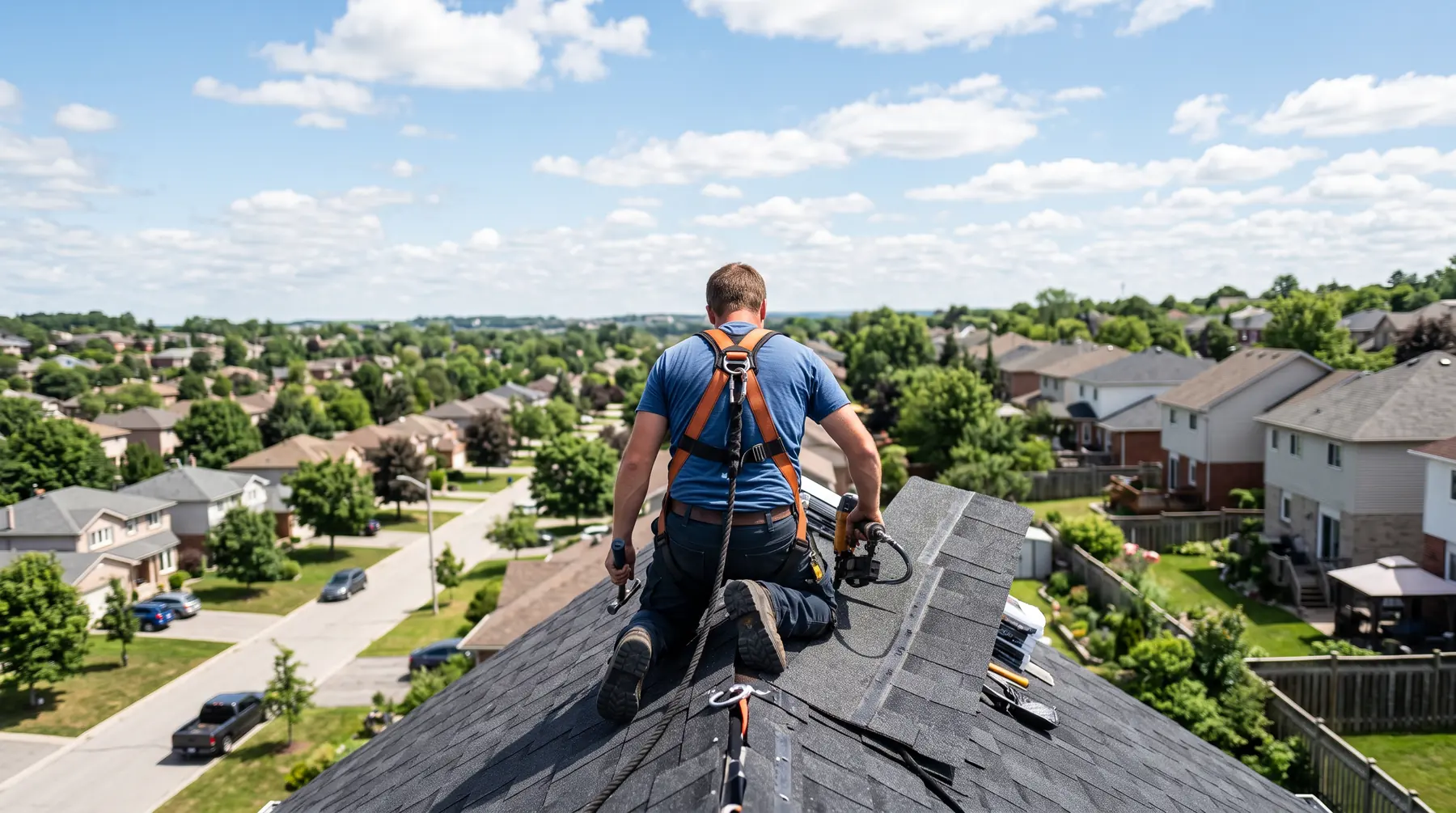 Roofer installing shingles on a steep roof under a blue sky